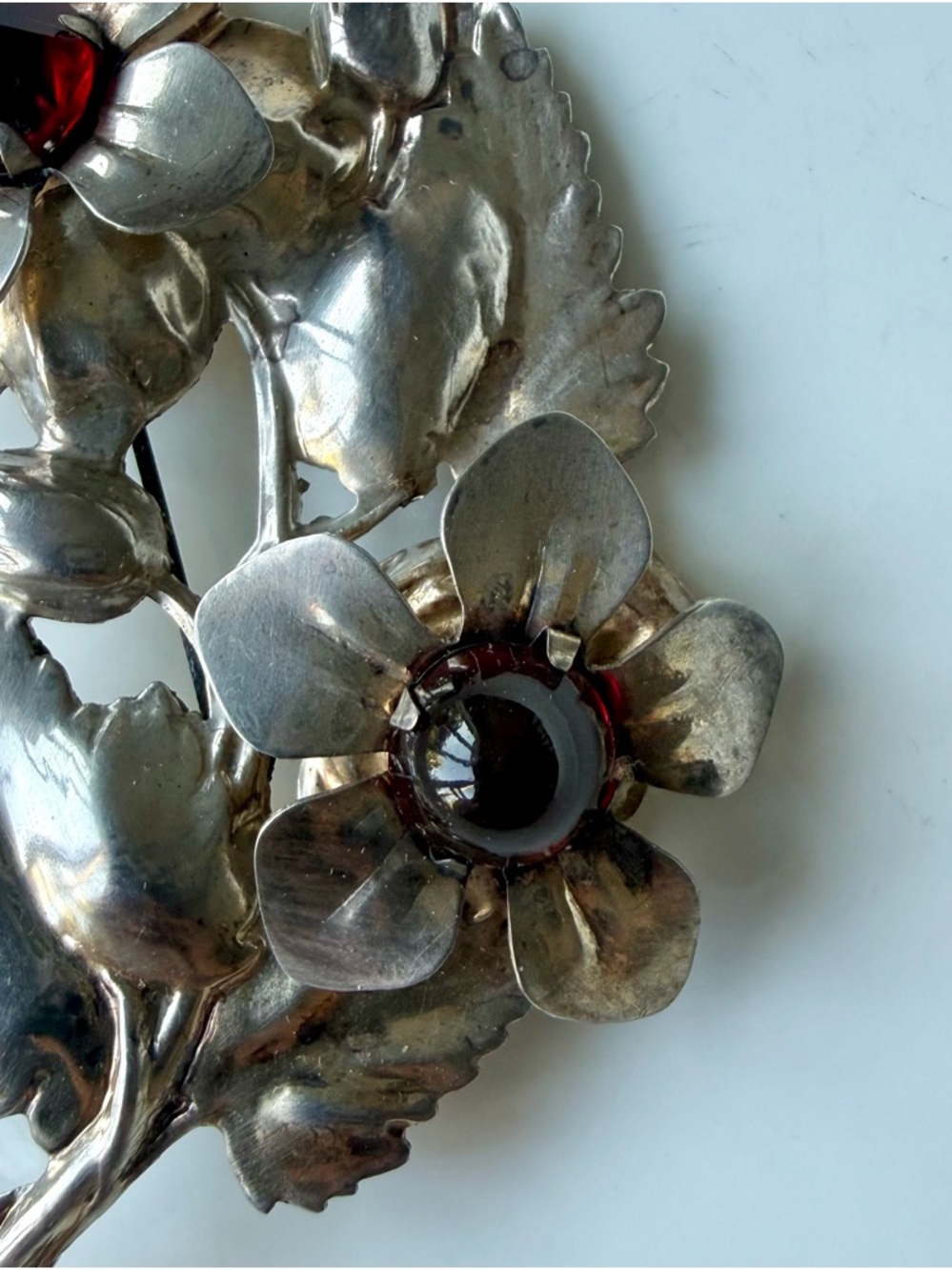 Vintage Gold Over Sterling Silver Large Red Cabochon Floral Bouquet Brooch Pin - Picture 6 of 16